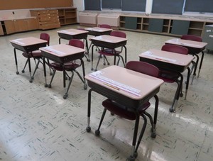 8 STUDENT DESKS WITH 8 SMALLER CHAIRS