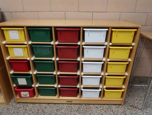VERY NICE 25 CUBNY SHELF WITH 25 PLASTIC CUBBIES