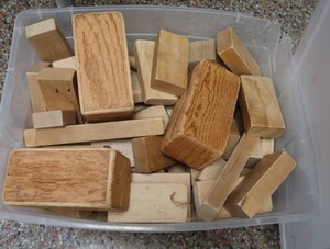 LARGE BIN OF WOODEN BUILDING BLOCKS