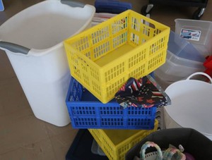 LARGE MISC PILE OF PLASTIC TOTES