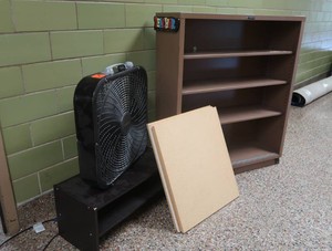 MISC LOT CABINET, PRESS BOARDS, CLOSET RACK & FAN
