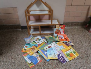 WOODEN PLAYTIME DOLL HOUSE AND BOOKS