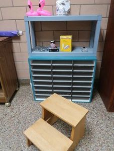 PAPER ORGANIZATION RACK, STEP STOOL, BLUE SHELF
