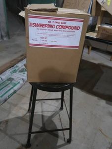 ALMOST FULL BOX OF SANDING COMPOUND & STOOL
