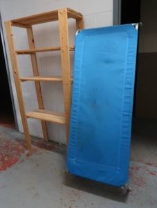 MILITARY SLEEP COTT AND WOODEN SHELF