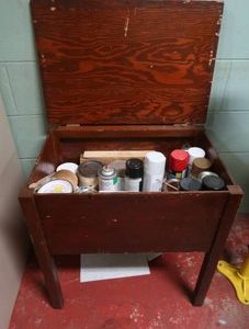 CUTE WOODEN CHEST ON LEGS FILLED WITH SPRAYPAINT
