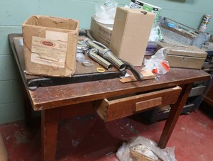 WOODEN TABLE WITH DRAWER WITH MYSTERY ITEMS