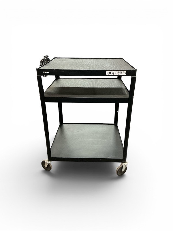 Black Luxor LP34LE-B Mobile Audio-Visual Cart featuring three shelves & Power Cord