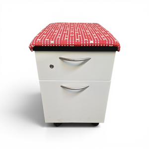 Steelcase Pedestal Filing Cabinet with Padded Top on Wheels that measures 16.5 wide  24.25 deep  22.5 tall