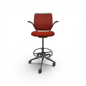 Steelcase Cobi drafting stool featuring a red mesh back and seat with an adjustable foot ring