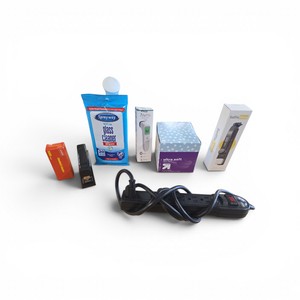 Ultimate Combo Lot New Forehead Thermometer New Selfie Stick  Stapler with Box of Staples  Glass Cleaner Power Strip  Box of Facial Tissue