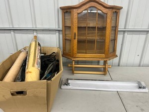 Wall Cabinet - Oak Curio Cabinet 23 W With Paper Towel Holder & Box of Misc Garage Items