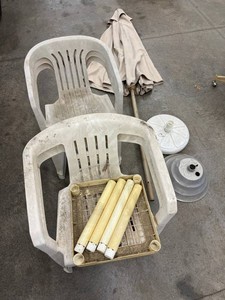 Patio Furniture Mixed Lot - 2 Plastic Chairs, Umbrella & Base Pieces