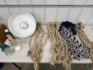 Mixed Lot - Lamp, Rope Plant Hangers, Glass Insulators & Candle