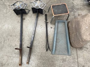 Fireplace Poker, Step Stool, Decorative Barn Star Iron Hose Holders & Downspout Splash Block, Decorative Hollow Faux YardRock