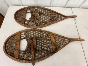 Snowshoes - Vintage Wooden Webbed Pair With Leather Bindings
