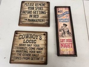 Rustic Wooden Wall Signs - Cowboys Logic, Spurs & Women (Lot of 3)