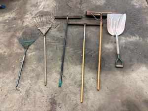 Yard Tools - Assorted Push Brooms, Rakes & Shovel