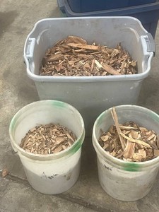 Apple Wood Chips (2 Buckets) and Unmarked Tub of Wood Chips