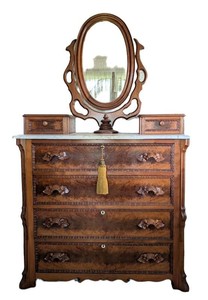 B3 - Antique 1850s Walnut Flame Grain Dresser With Swivel Mirror