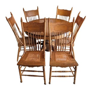 K - Vintage Pressed Back Oak Dining Set Table & 4 Chairs