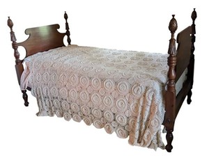 B3 - Vintage Mahogany Carved Pineapple Poster Twin Bed with Hand Crocheted Open Work Coverlet
