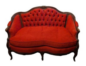 LLC - Antique French Loveseat 1920s Carved Wood Red Upholstery