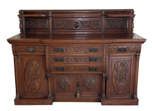 LLR - Antique 1880s European Carved Sideboard Floral Motif