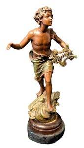 LLR - Antique 1900 French Patinated Spelter Mythological Musician Sculpture