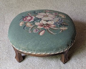 LLR - Vintage Needlepoint Footstool Carved Wood Legs
