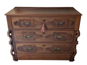 LLR - Antique Walnut Dresser Carved Panels Original Brass Hardware