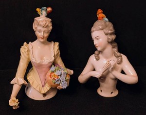 K1 - Antique Porcelain Half Doll Pair  Antique Arms Away Porcelain Half Dolls