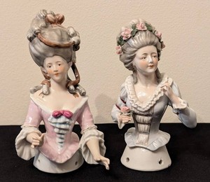 K1 - Antique Porcelain Half Doll Pair  Antique Arms Away Porcelain Half Dolls