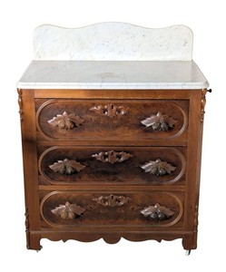 B1 - Antique Marble Top Carved Walnut Commode