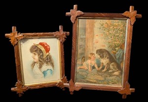 LLR - Antique Adirondack Style Carved Wood Picture Frames Pair
