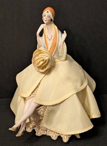 LLR - Antique German Porcelain Half Doll Pincushion Doll Flapper Style Yellow Dress