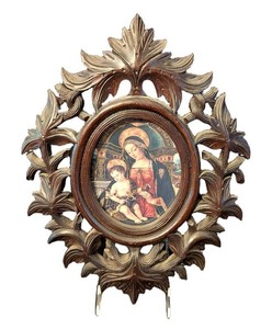 Vintage Madonna and Child Print in Antique Carved Wood Frame