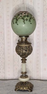 B2 - Antique Miller Victorian Banquet Lamp Painted Glass Globe Gilt Metal Base