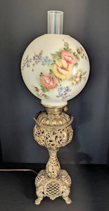 B3 - Antique Painted Glass Globe Banquet Lamp Rochester Mfg Co