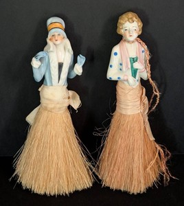 B1 - Vintage Japanese Porcelain Half Doll Broom Dusters Pair