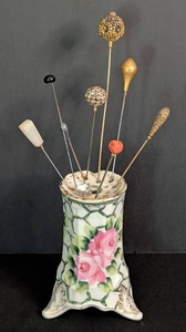 B3 - Antique Porcelain Hat Pin Holder & 8 Hat Pins