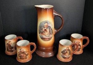 K - Vintage Brunt Art Ware Painted Monk Pitcher & Mugs (Lot of 5)
