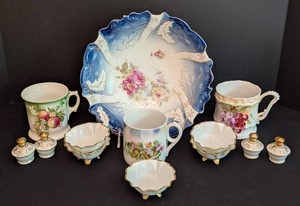 K - Vintage Hand Painted German Porcelain Bowl Cups Shakers Mixed Lot