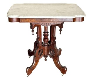 Antique Eastlake Victorian Marble Top Parlor Table Burled Walnut