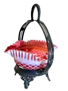 Vintage Fenton Bridal Wedding Basket Pink Cranberry Opalescent Hobnail