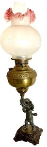 Antique Figural Parlor Oil Lamp With Frosted Cranberry Shade