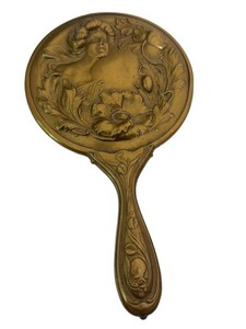 Antique Art Nouveau Ornate Brass Hand Mirror Floral Repousse