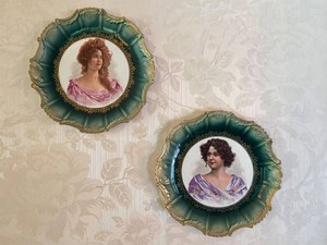 Antique Empire China Hand-Painted Portrait Plates Pair Signed Hettori