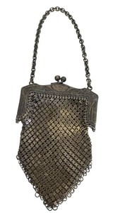 BN - Antique German Silver Mesh Chatelaine Coin Purse - Engraved Kiss-Lock Frame