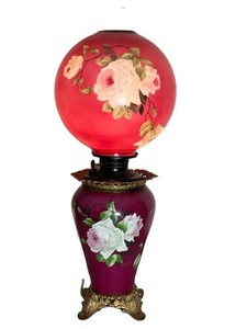 Antique Victorian GWTW Banquet Lamp Hand-Painted Floral Aladdin Shade